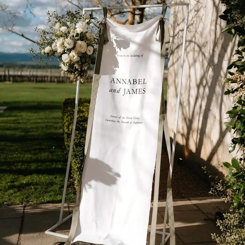Minimalist Wedding Welcome Sign, Custom Fabric Wedding Banner with Names & Date, Outdoor Garden Ceremony Decor, Personalized Linen Sign