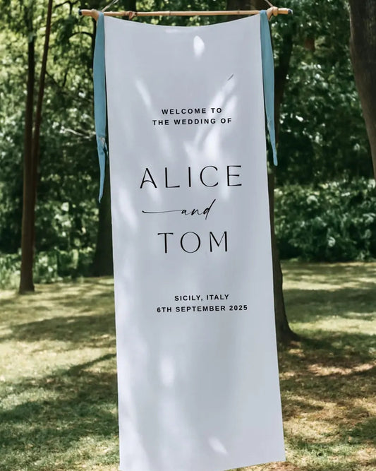Minimalist Wedding Welcome Sign, Custom Fabric Wedding Banner with Names & Date, Outdoor Garden Ceremony Decor, Personalized Linen Sign