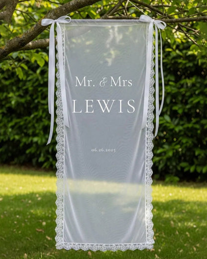 Romantic Sheer Wedding Sign, Linen Wedding Welcome Sign,Modern Outdoor Wedding Banner, Personalized Wedding Decoration,Engagement Party Sign