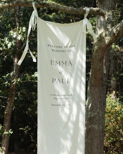 Personalized Linen Wedding Sign, Custom Minimal Welcome Sign, Fabric Welcome Sign, Wedding Decoration, Custom Fabric Wedding Sign with Stand