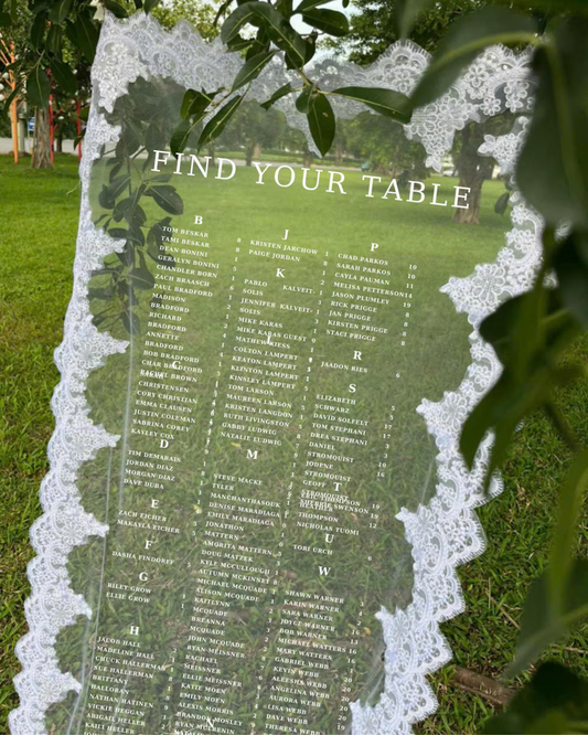 Lace Sheer Table, Sheer Table Sign, Lace Seating Chart, Sheer Wedding Decor, Wedding Table Banner, Fabric Seating Chart