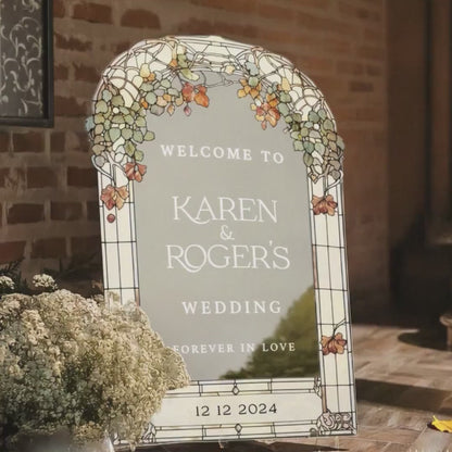 Stained Glass Floral Wedding Sign, Forever In Love Wedding Welcome Sign, Mirror Or Frosted Acrylic Wedding Entrance Sign