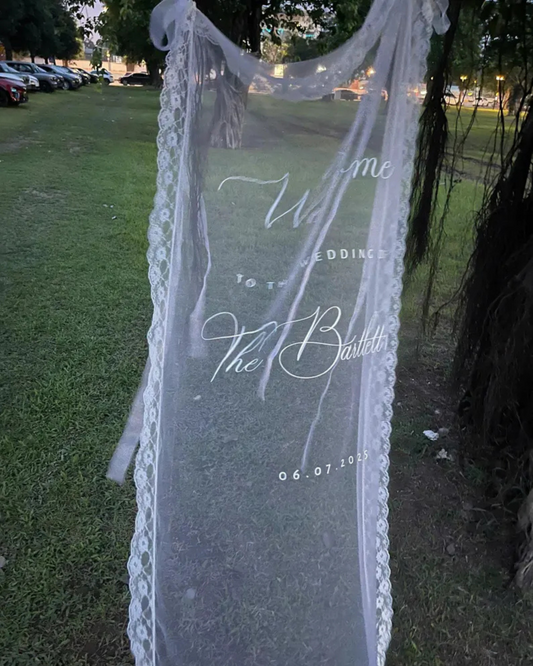 Welcome Fabric Sign, Sheer Sign, Fabric Sign, Wedding Veil, fabric sign, Custom Wedding Welcome Sign, Personalized Lace Edge Sign
